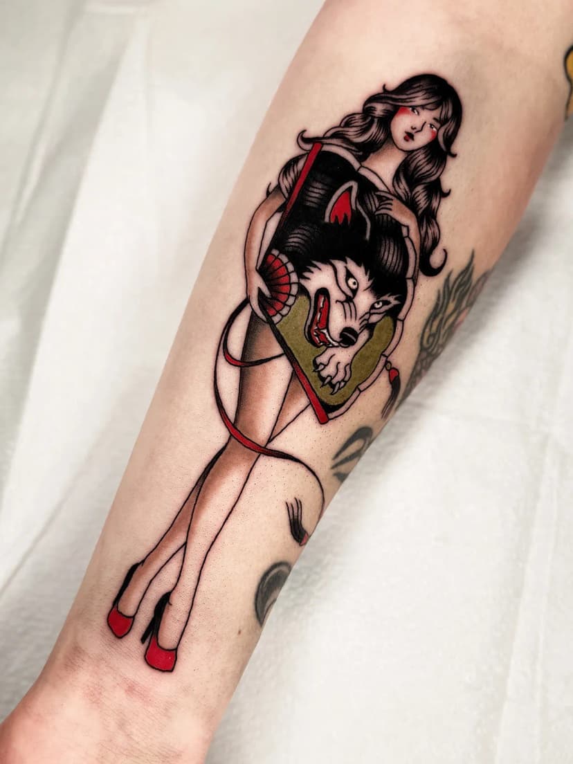 Traditional tattoo of fan lady on forearm by C.D, tattoo artist in Portland, Oregon