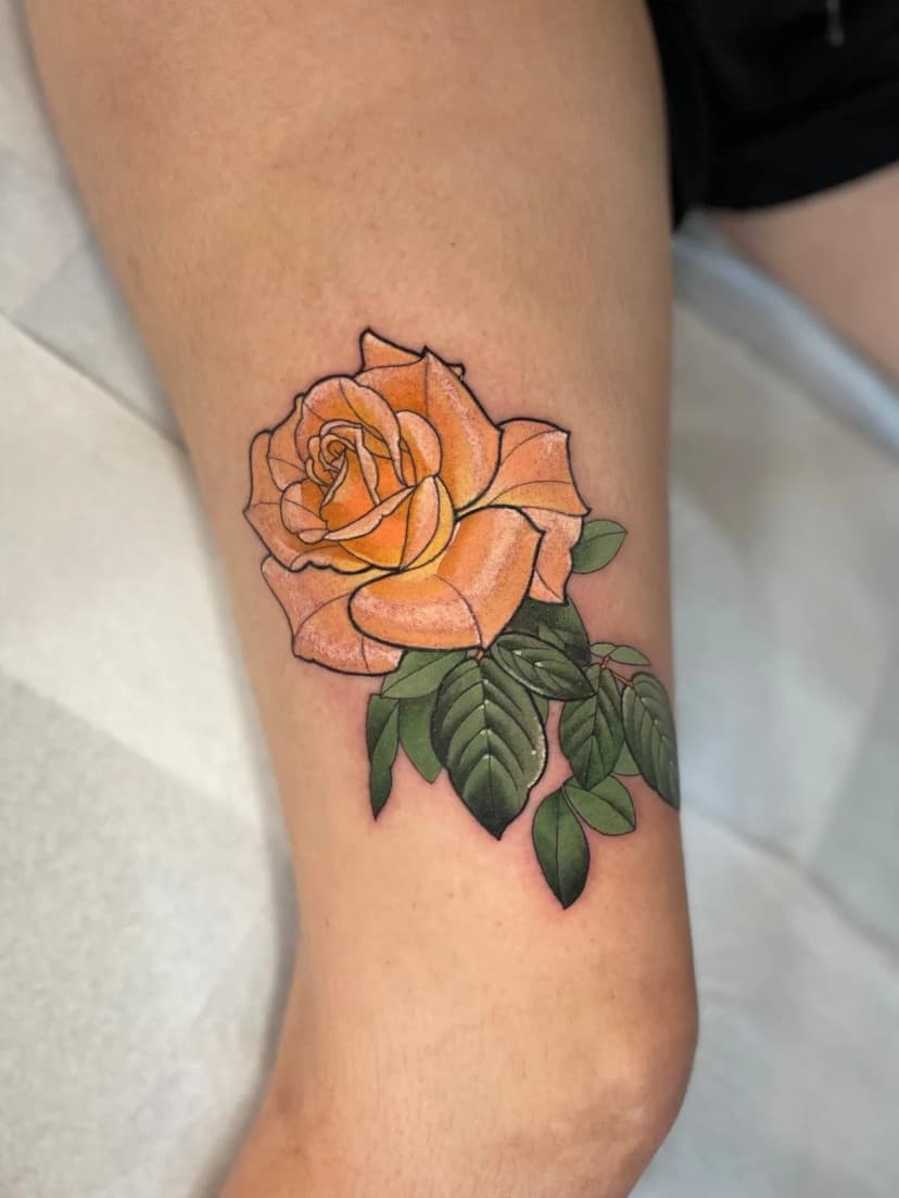 Neo-traditional tattoo of rose on forearm by Cecelia Wingate, tattoo artist in Portland, Oregon