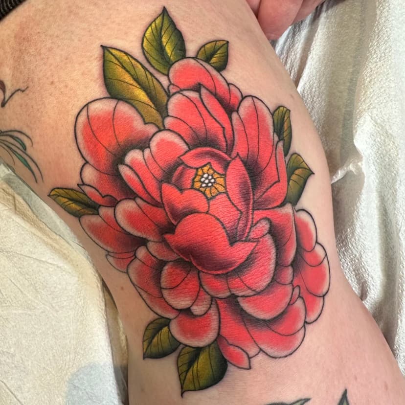 Neo-traditional tattoo of peony on foot by Dev Renee, tattoo artist in Portland, Oregon