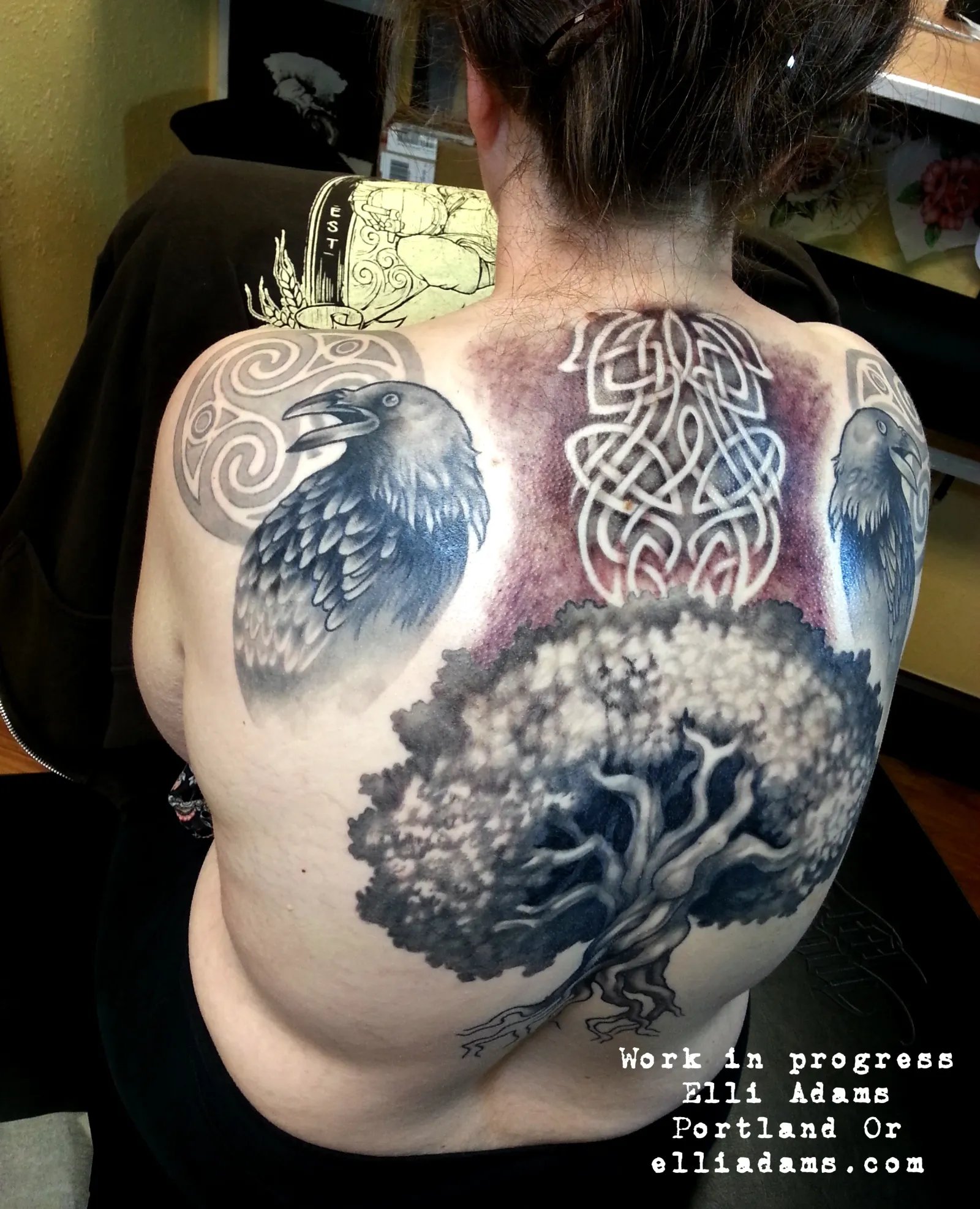 Neo-traditional tattoo of ravens and tree on back by Elli Adams, tattoo artist in Portland, Oregon