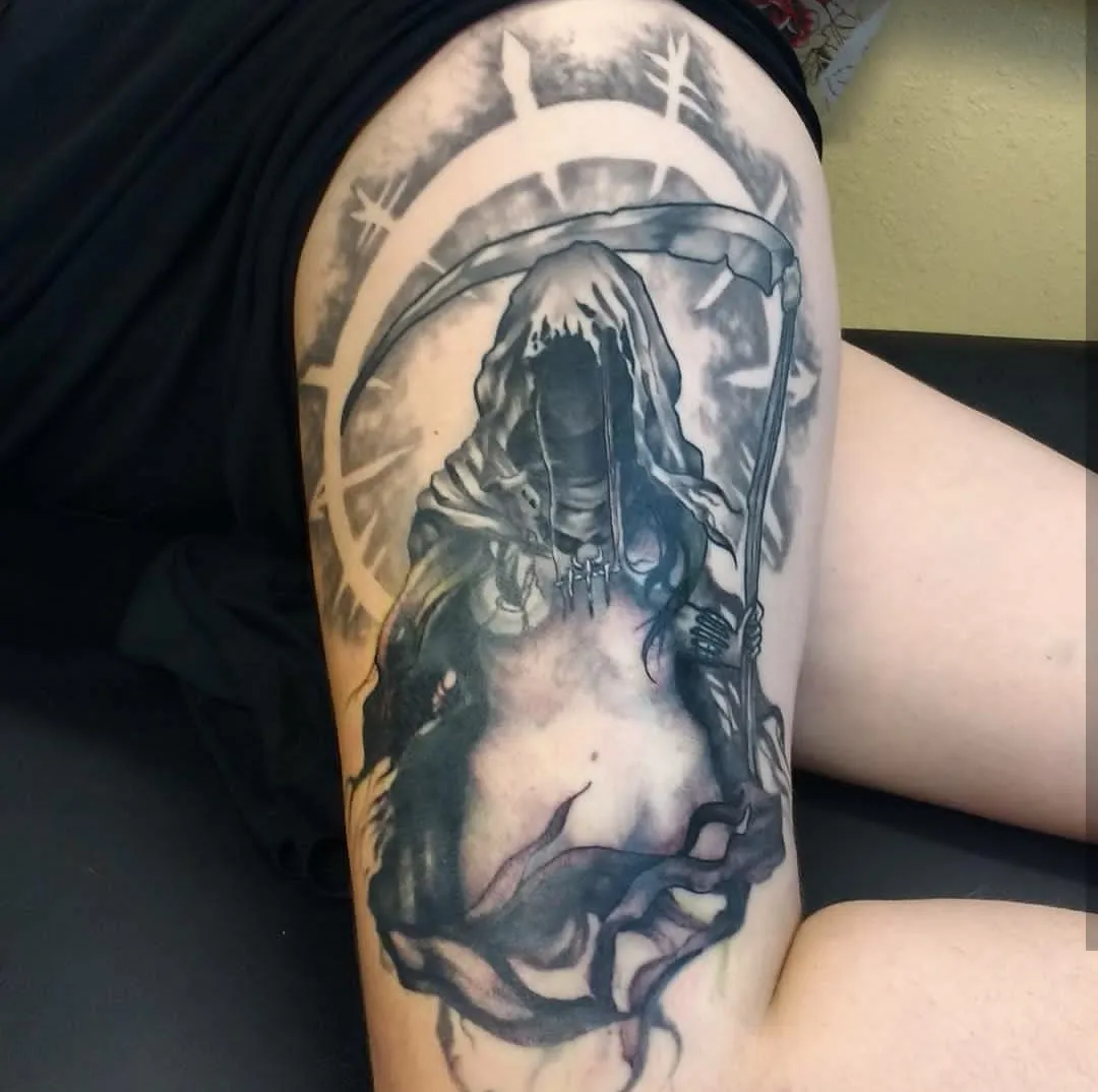 Realism tattoo of grim reaper and scythe on shoulder by Elli Adams, tattoo artist in Portland, Oregon