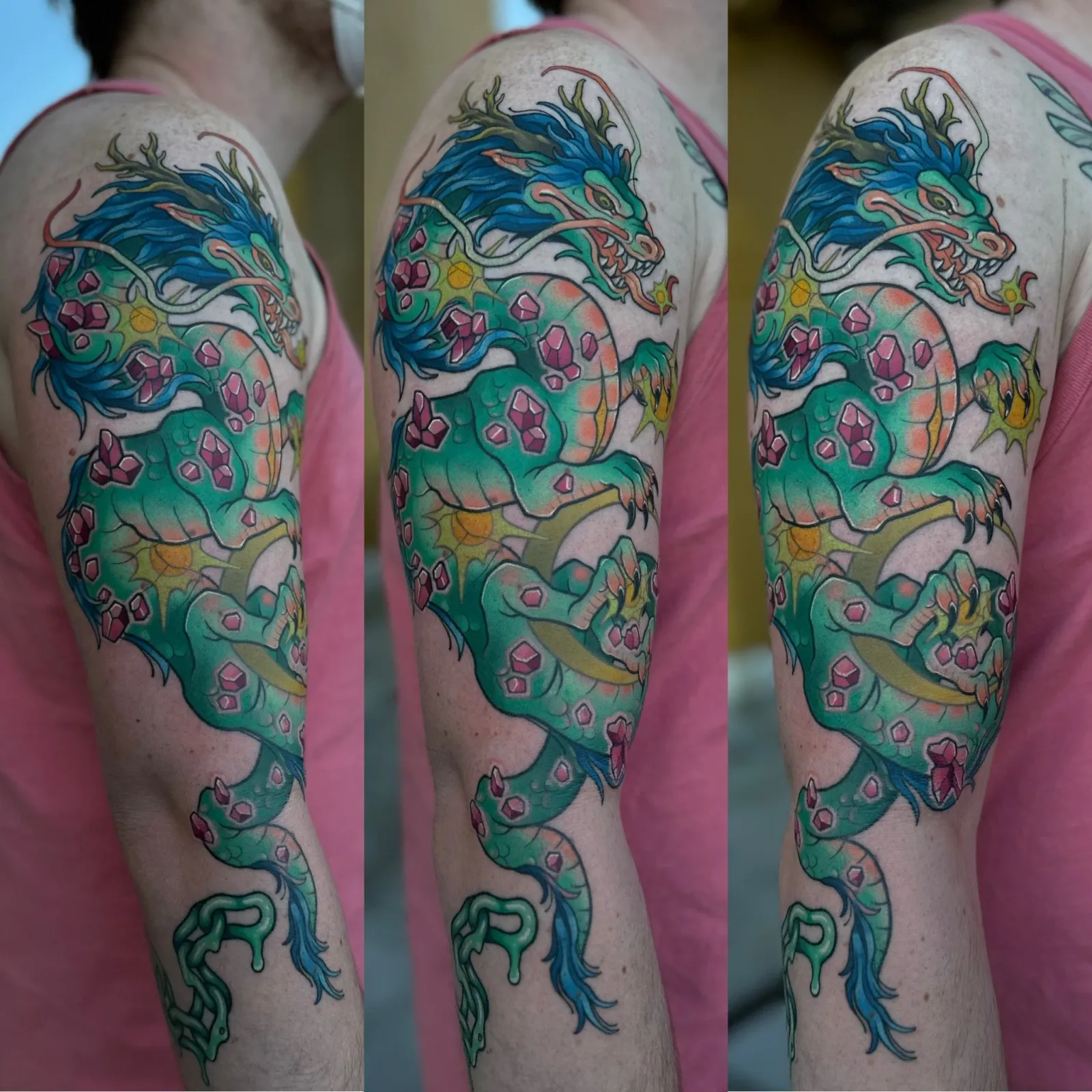 Neo-traditional tattoo of dragon on sleeve by Bailey, tattoo artist in Portland, Oregon