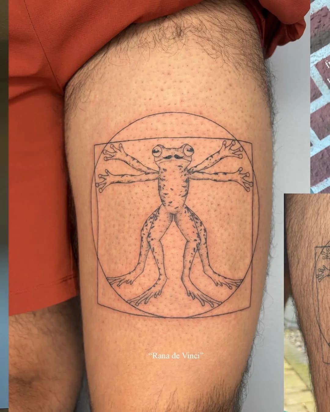 Fine-line tattoo of frog on thigh by Jamison, tattoo artist in Portland, Oregon