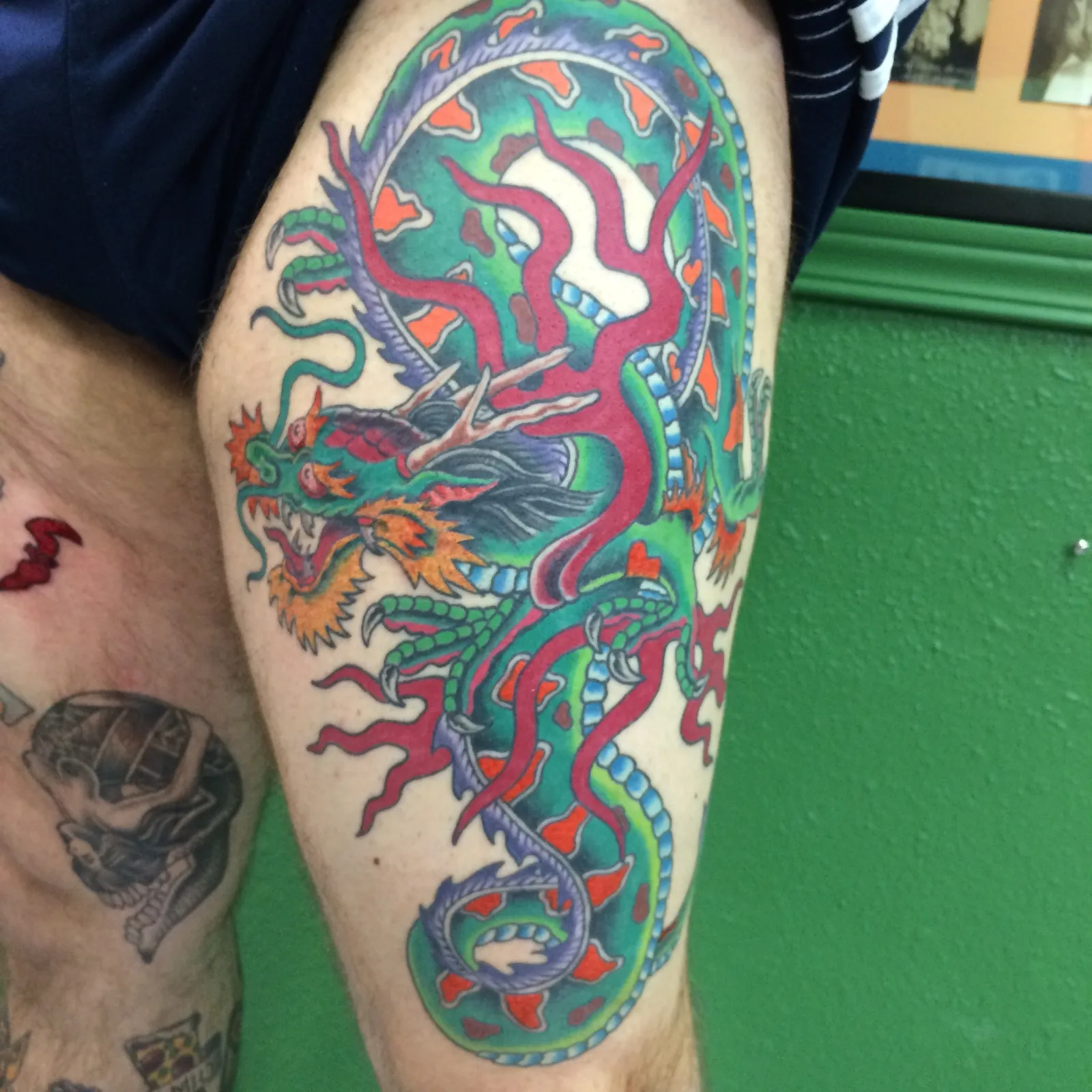 Japanese tattoo of dragon on leg by Mav Mess, tattoo artist in Portland, Oregon