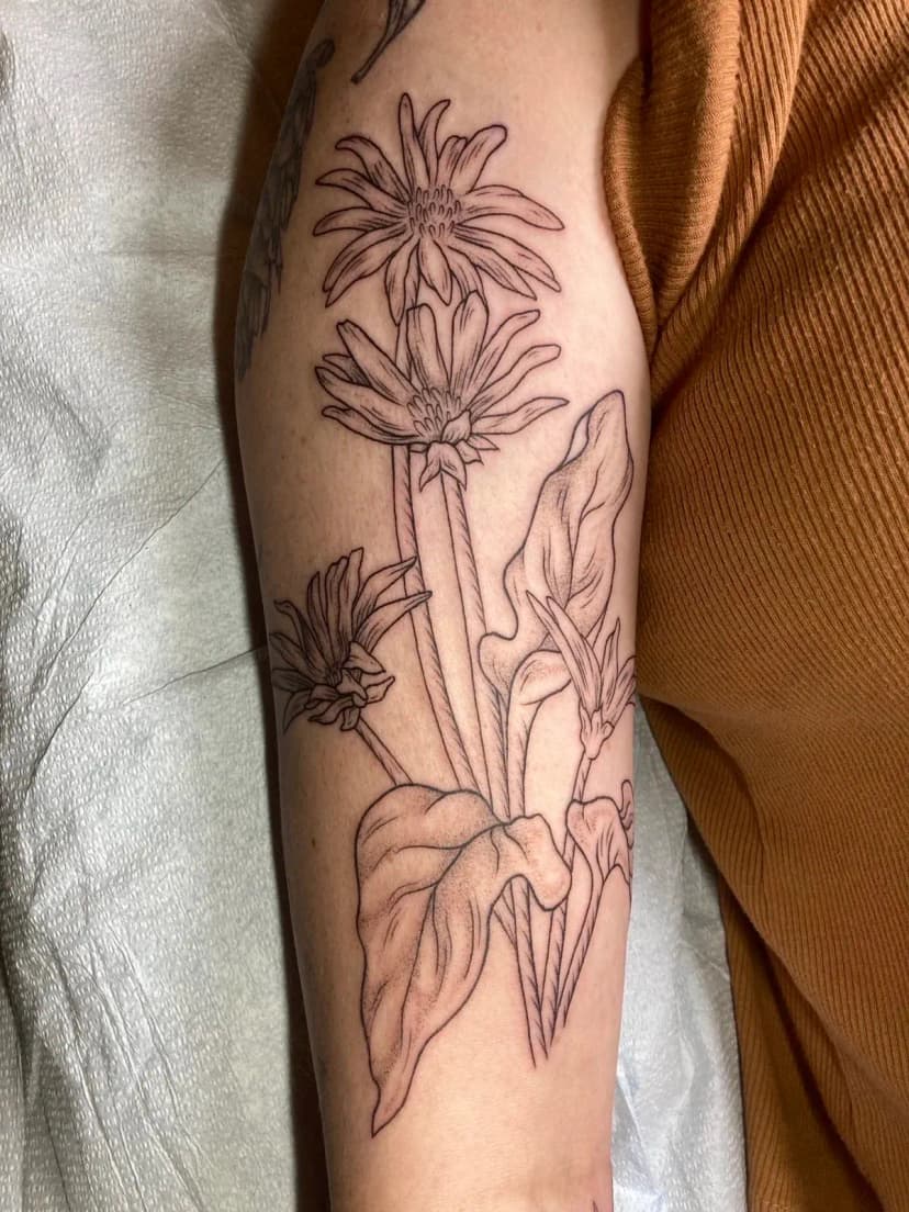 Fine-line tattoo of flowers and hand on forearm by Riversteeth, tattoo artist in Portland, Oregon